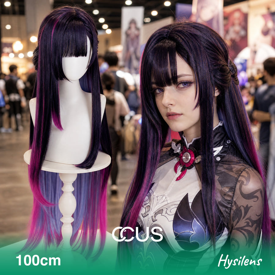 Hsr : Hysilens Cosplay Wig - Ccus Eyewear · Premium Colored Contacts Hysilens Cosplay Wig, Long Black And Purple With Pink Streaks And Gradient Ends, Model Wearing The Wig