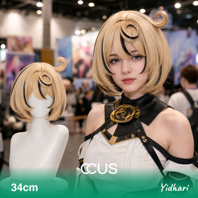 Yidhari cosplay wig, short blonde bob with black streaks, model wearing the wig