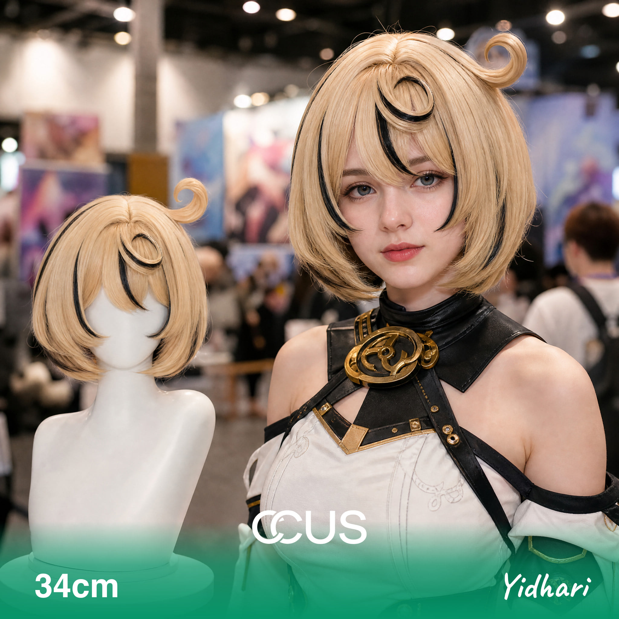 Yidhari Cosplay Wig, Short Blonde Bob With Black Streaks, Model Wearing The Wig