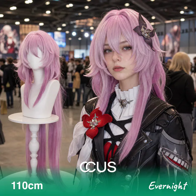 Evernight cosplay wig, long pink and purple with gradient ends, model wearing the wig