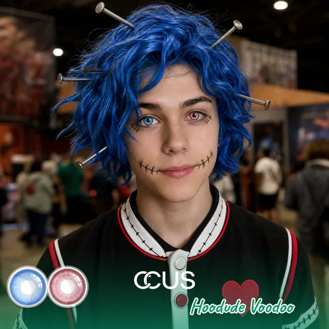 Hoodude Voodoo cosplay contact lenses with one blue eye and one pink eye | CCUS Eyewear